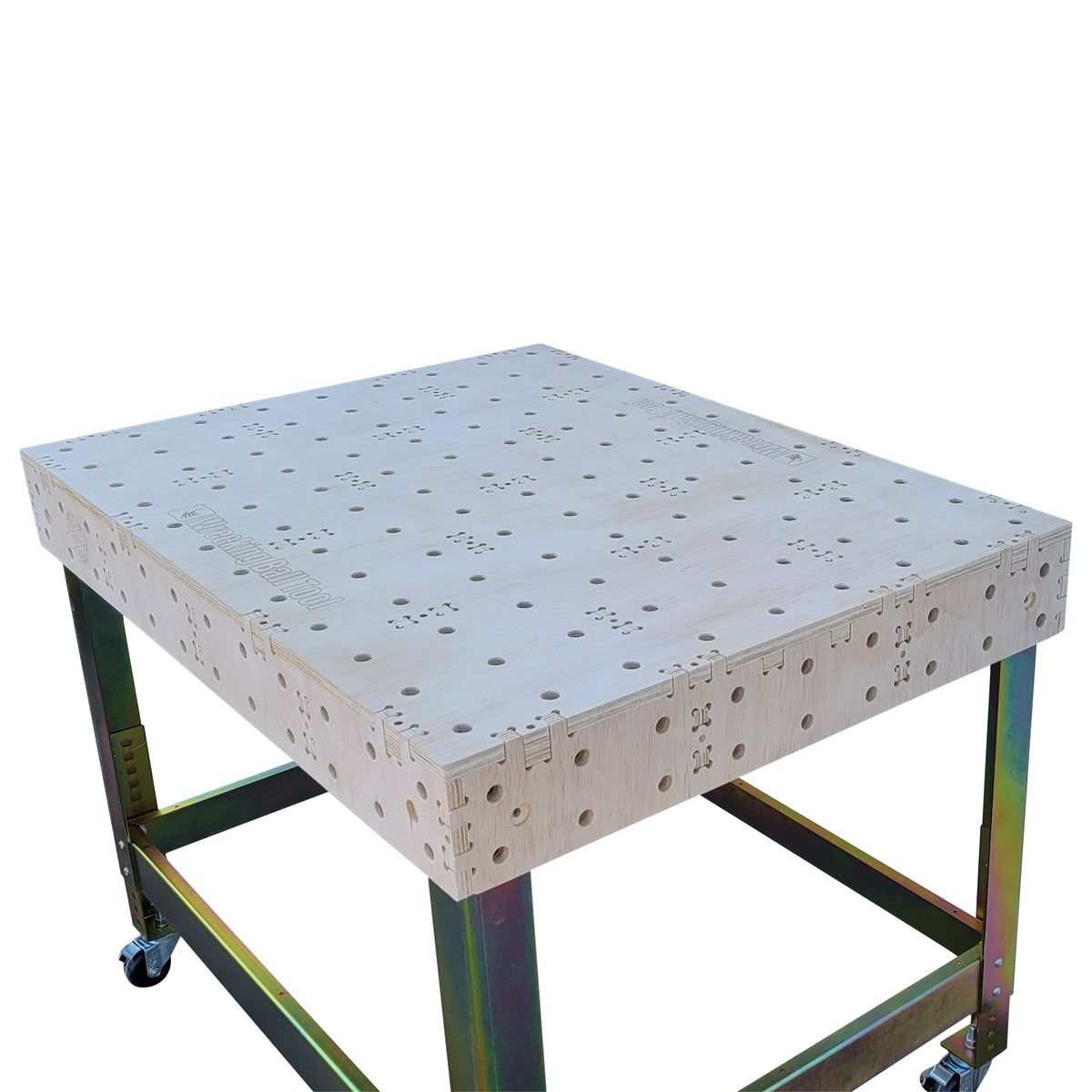 UltraBench UB3648 on UltraLeg UL3648 legs, high view of the 3/4 inch dog-hole grid and edge holes