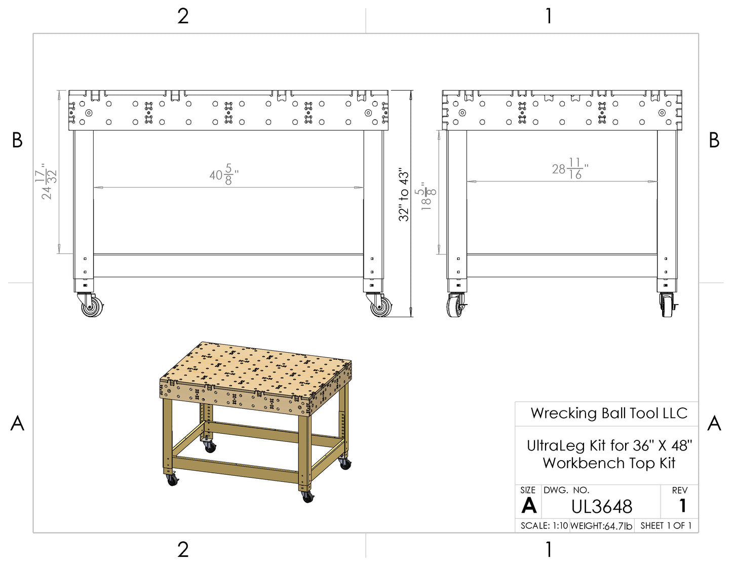 UL3648 36"X48" Leg Kit for 3'X4' Bench Top