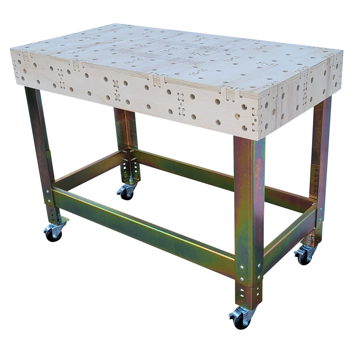 UltraBench UB2448 24x48 dog-hole workbench top on UltraLeg UL2448 steel legs with locking casters, 3/4 view