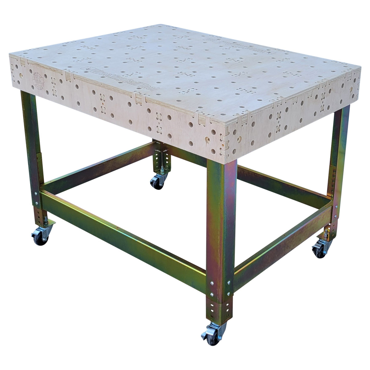 UltraBench UB3648 36x48 dog-hole workbench top on UltraLeg UL3648 steel legs with locking casters, 3/4 view