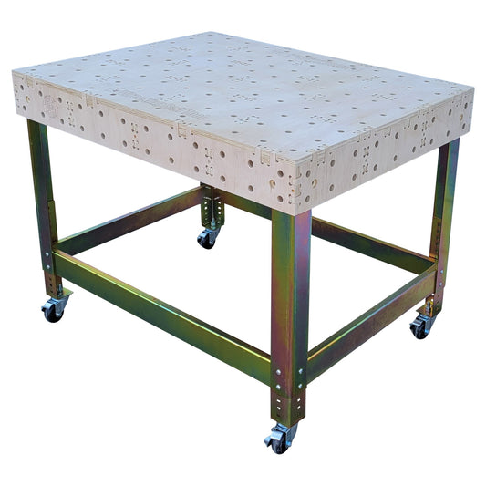 UltraBench UB3648 36x48 dog-hole workbench top on UltraLeg UL3648 steel legs with locking casters, 3/4 view